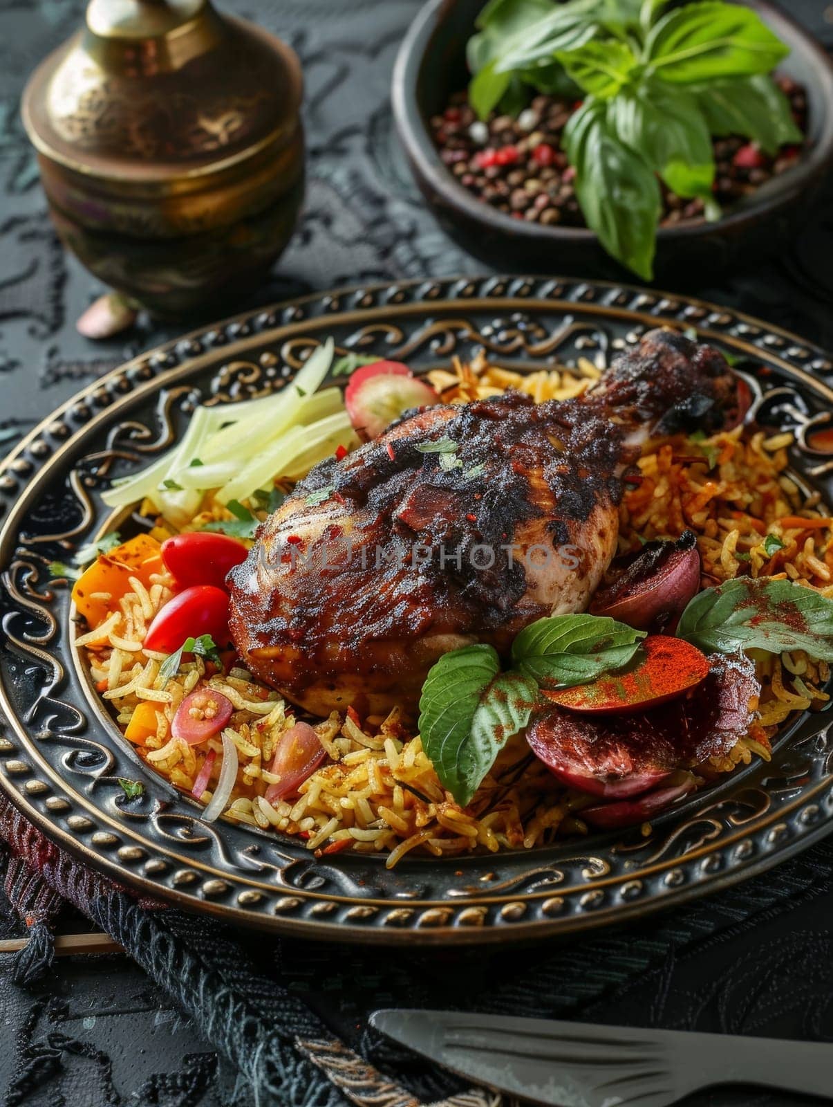 Authentic Kuwaiti machboos, a fragrant and flavorful spiced rice dish with tender chicken or lamb, beautifully presented on a decorative plate - a mouthwatering representation of the traditions
