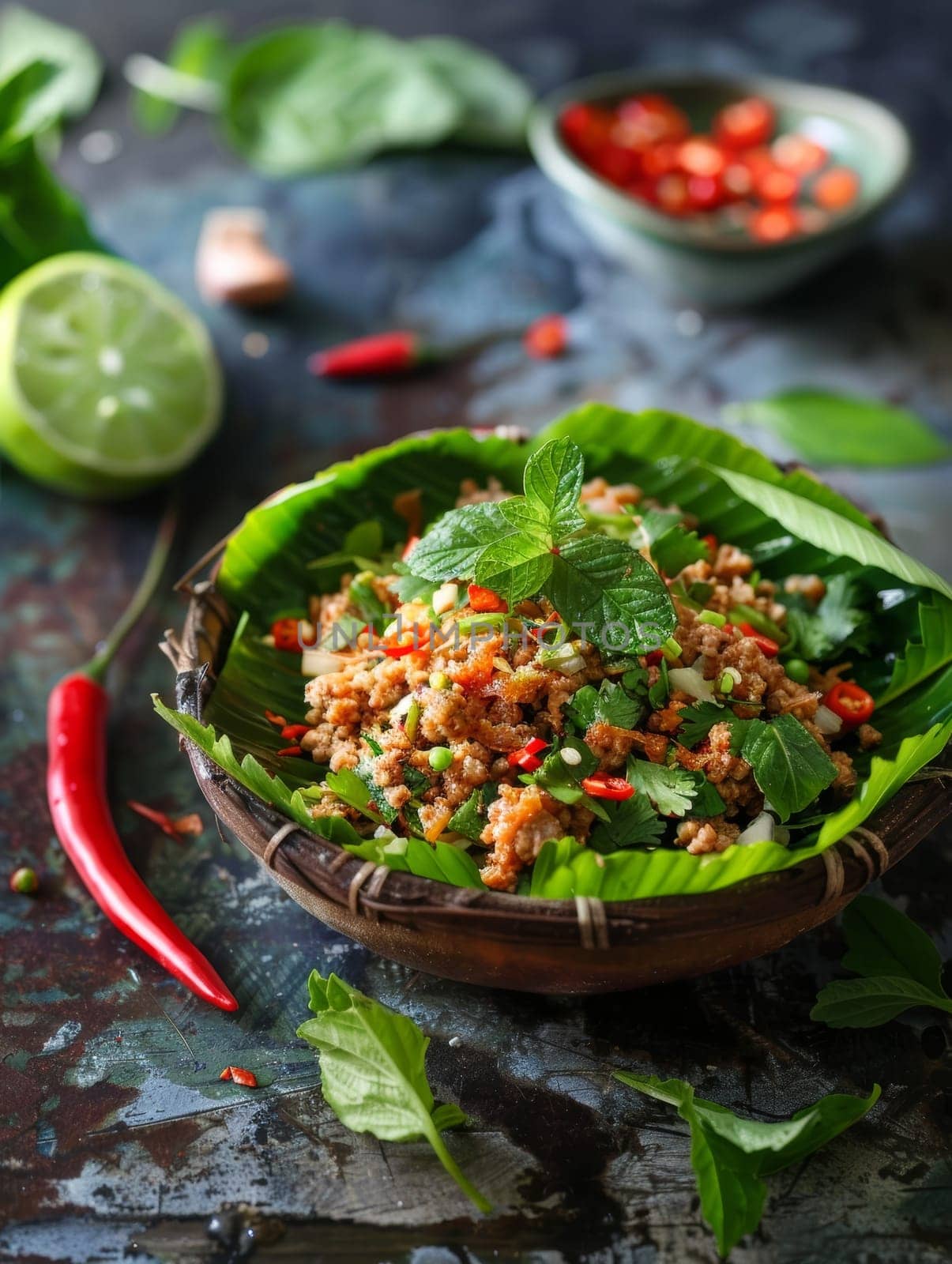 Authentic Laotian larb, a spicy and refreshing minced meat salad with a vibrant blend of lime and herbs, beautifully presented in a traditional banana leaf bowl. by sfinks