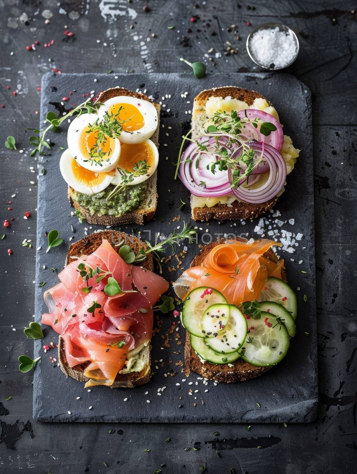 Authentic Danish smorrebrod, a selection of open-faced sandwiches with various savory toppings, elegantly presented on a slate plate - a mouthwatering representation of the rich culinary traditions. by sfinks