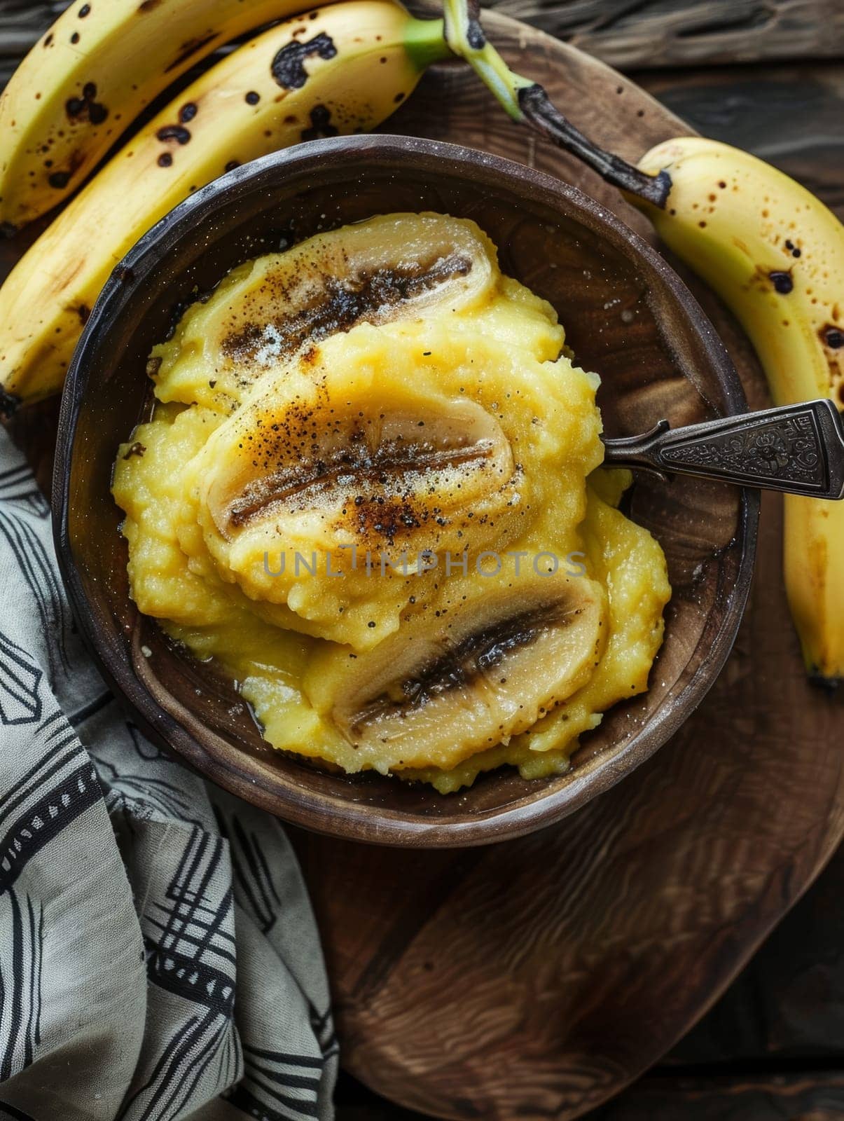 Authentic Ugandan matoke, a hearty dish of cooked and mashed green bananas, served in a traditional bowl - a nourishing and delicious representation of the rich culinary traditions of Africa. by sfinks