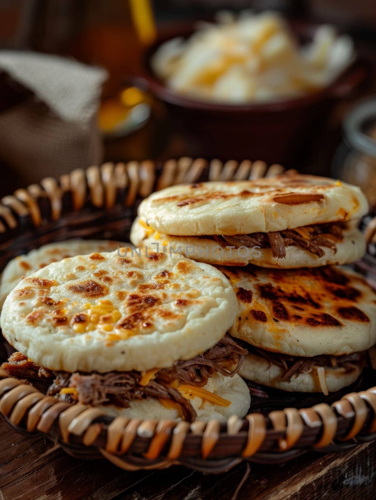 Authentic Venezuelan arepas, freshly made cornmeal cakes stuffed with a variety of savory fillings like cheese, pulled pork, or beans, presented in a woven basket. by sfinks