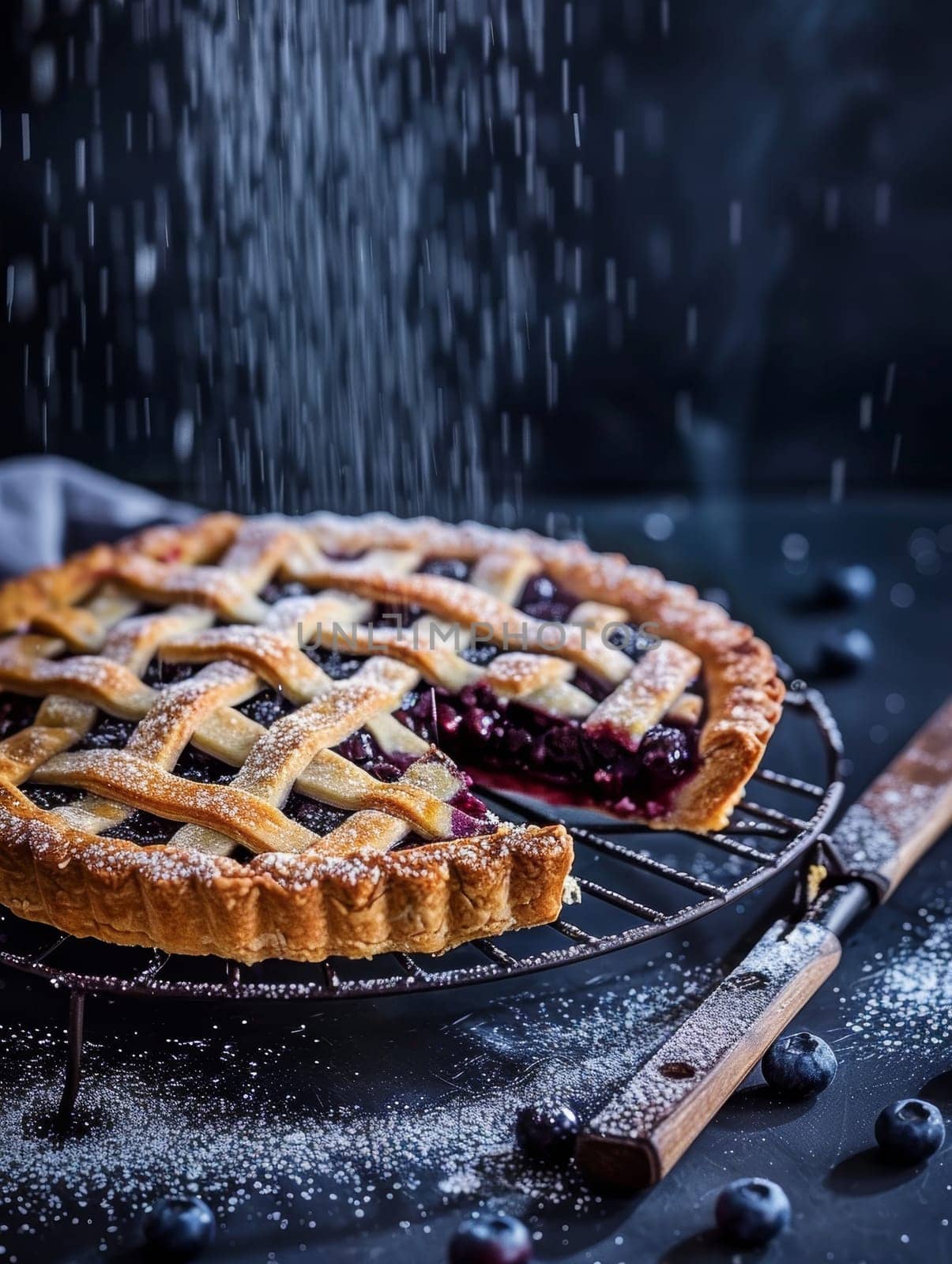Authentic Finnish mustikkapiirakka, a delectable blueberry pie fresh from the oven, presented on a cooling rack with a gentle dusting of sugar - a mouthwatering representation. by sfinks