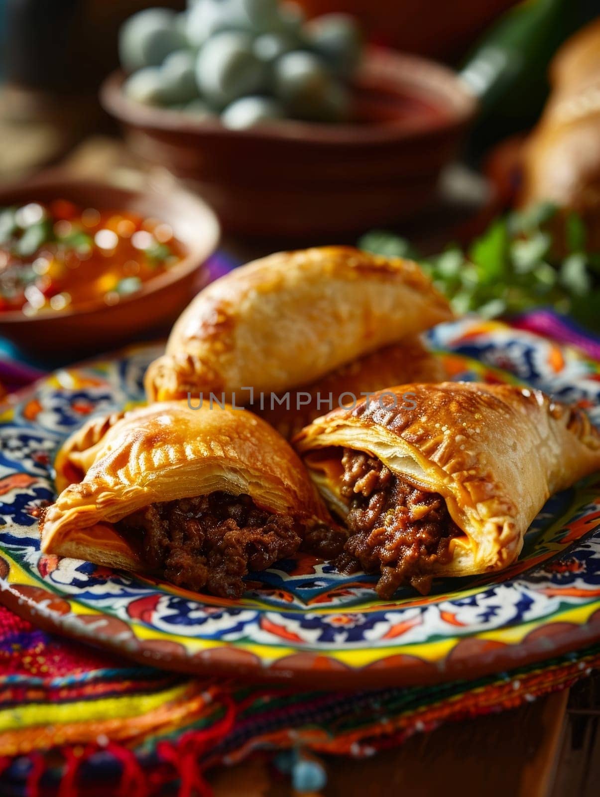 Authentic Bolivian saltenas, baked pastries filled with savory meat and a spicy sauce, beautifully presented on a colorful ceramic plate - mouthwatering representation of the rich culinary traditions