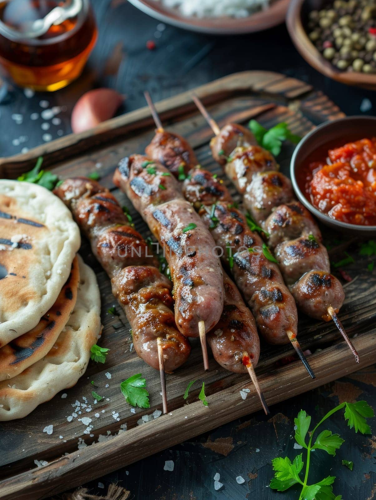 Freshly grilled Serbian cevapi, traditional small meat sausages, served on a rustic wooden tray with flatbread and condiments. This savory and flavorful dish showcases the authentic tastes of Balkan. by sfinks