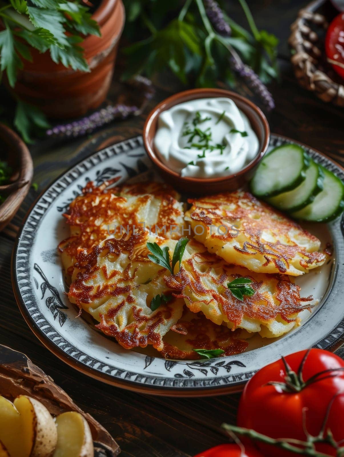 Belarusian draniki, thick and crispy potato pancakes, served on a traditional plate with a dollop of cool, creamy sour cream. This savory and comforting dish showcases the authentic flavors. by sfinks