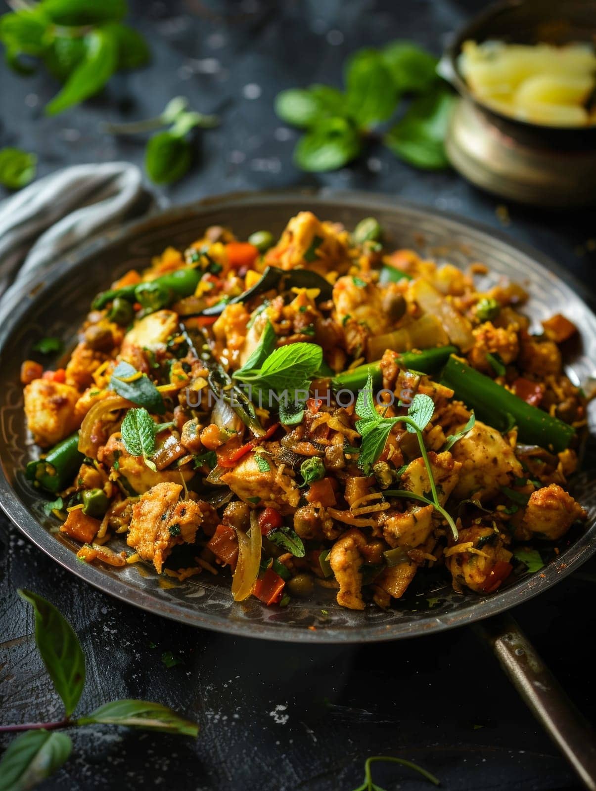 Sri Lankan kottu, a flavorful stir-fry of chopped roti bread, vegetables, and chicken, served on a metal plate. This vibrant and aromatic dish showcases the bold, spicy tastes of traditional cuisine. by sfinks