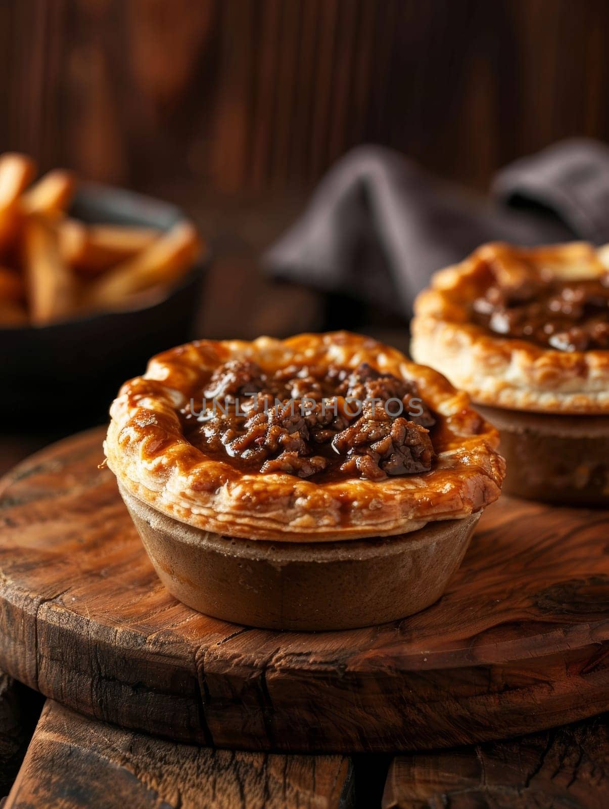Delicious Australian meat pie with a flaky golden crust, filled with savory minced meat and rich gravy, served on a rustic wooden board. A classic comfort food and traditional snack. by sfinks