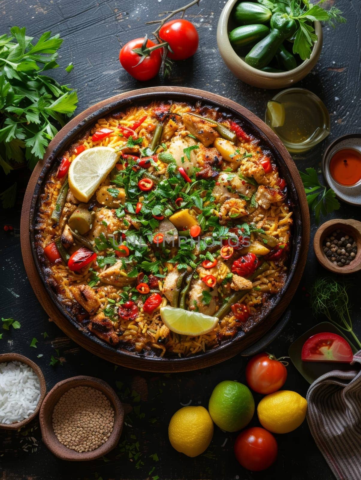 Maqluba, a traditional Palestinian upside-down rice dish, featuring layers of fluffy basmati rice, tender chicken, and a variety of aromatic vegetables, presented in a large serving dish. by sfinks
