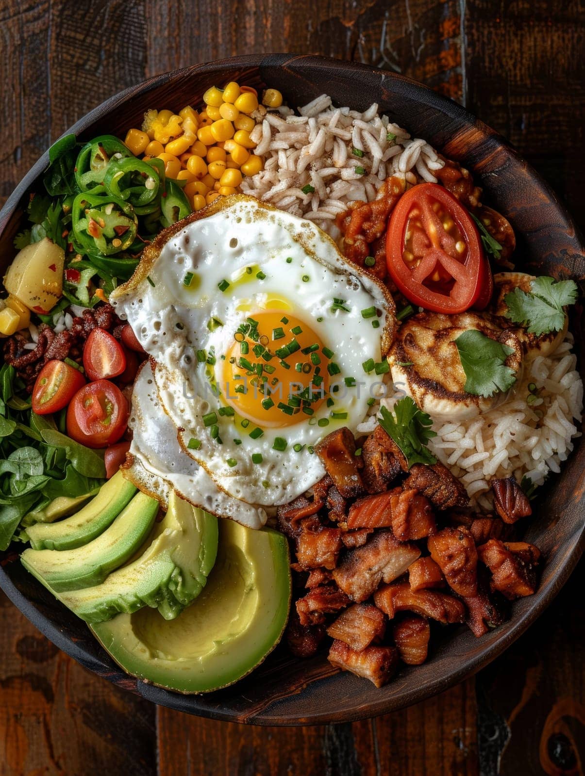 Bandeja paisa, a traditional Colombian platter featuring a hearty and flavorful assortment of beans, rice, pork, avocado, and a fried egg, presented on a large round dish. by sfinks