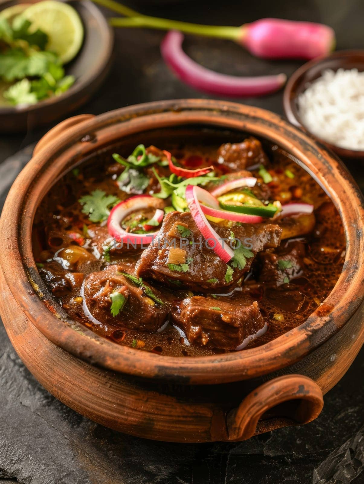 Authentic Pakistani nihari, a slow-cooked spicy beef stew simmered to perfection in a traditional clay pot. This fragrant and flavorful ethnic dish showcases the rich culinary heritage cuisine. by sfinks