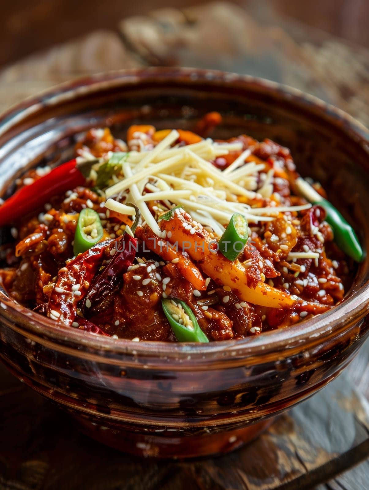 Bhutanese ema datshi, a traditional spicy chili and cheese curry, served in a rustic bowl. This unique and flavorful ethnic dish showcases the bold and comforting flavors of Bhutanese cuisine. by sfinks