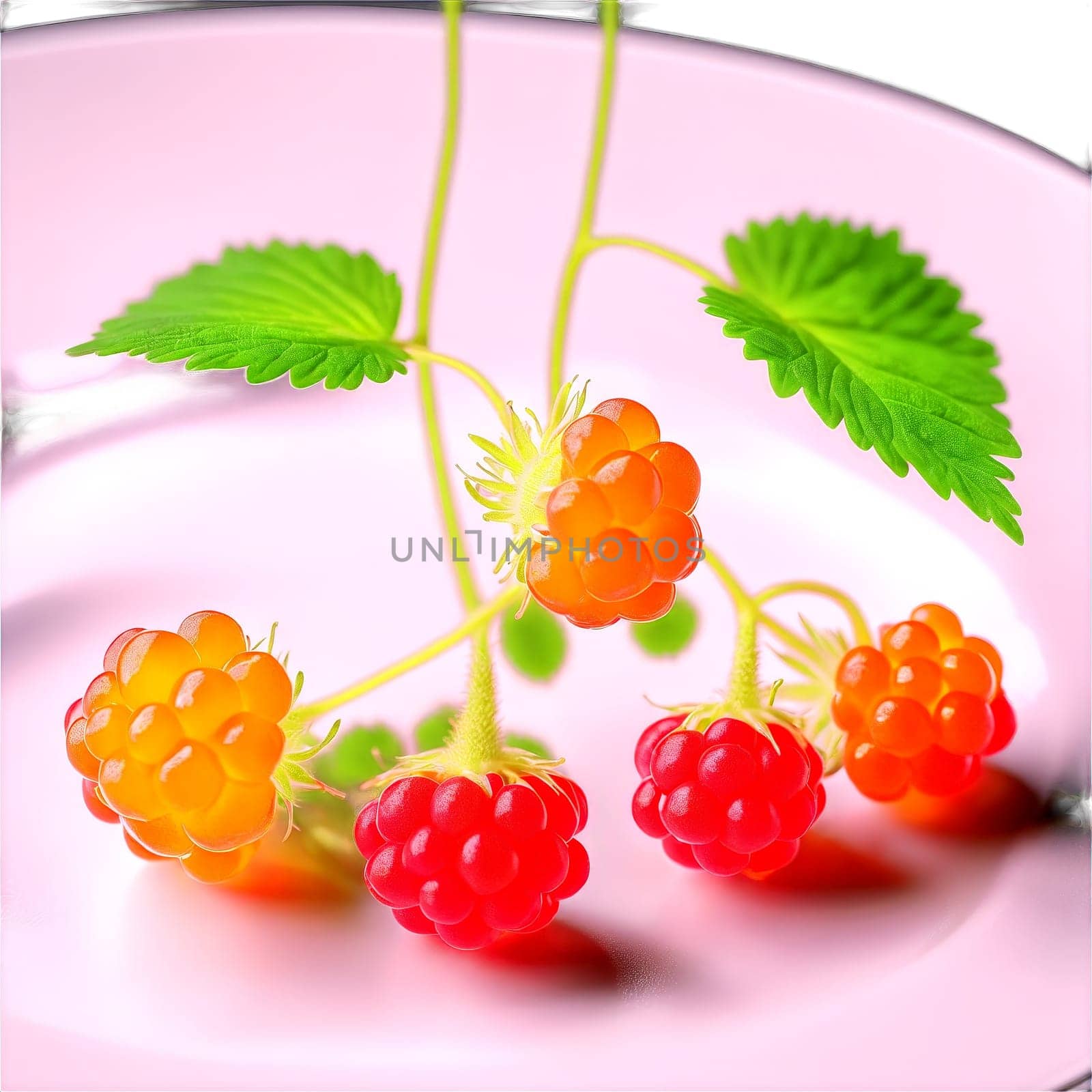 Enticing cloudberries Rubus chamaemorus nestled on a white porcelain plate their unique appearance highlighted by panophotograph