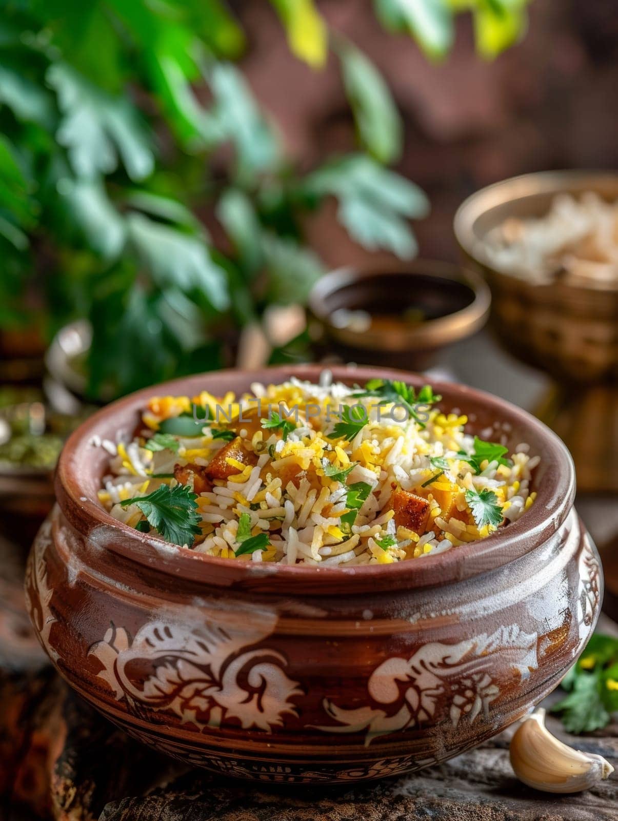 Bangladeshi panta bhat, a traditional fermented rice dish served in a rustic clay pot, flavored with mustard oil and spices. This ethnic comfort food showcases the unique flavors. by sfinks