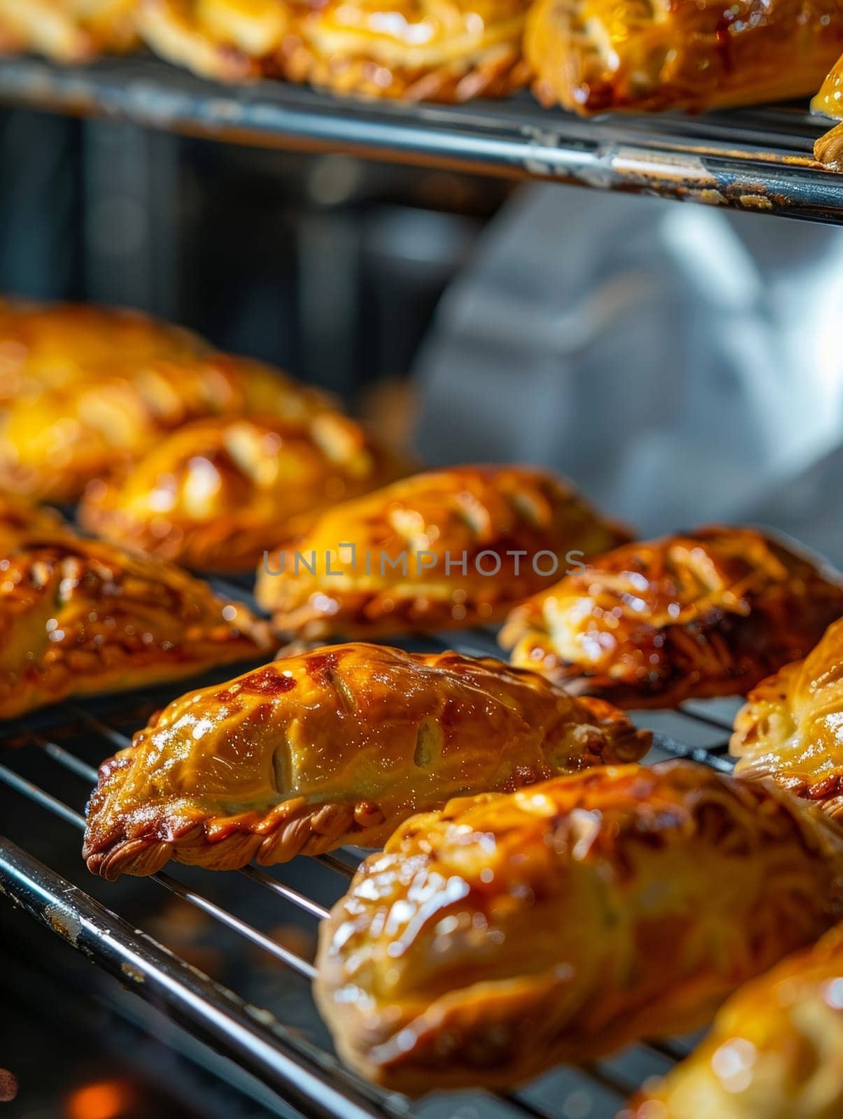 Freshly baked Moldovan placinte, traditional filled pastries with either savory cheese or sweet fruit fillings, cooling on a wire rack. This ethnic delicacy showcases the unique flavors. by sfinks