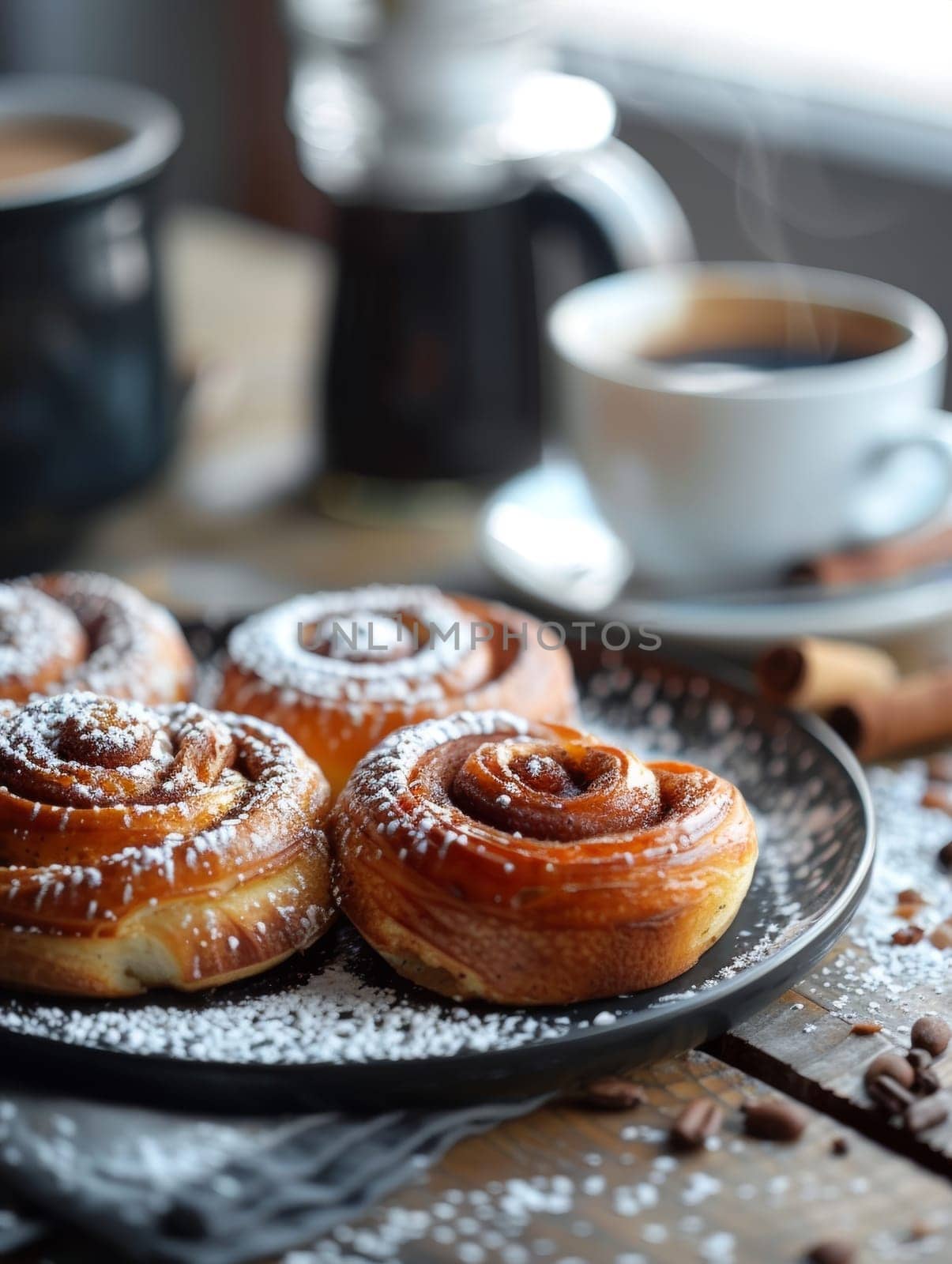 Finnish korvapuusti, freshly baked cinnamon rolls, presented on a cafe table. This traditional pastry showcases the comforting flavors and baking traditions of Finnish cuisine. by sfinks