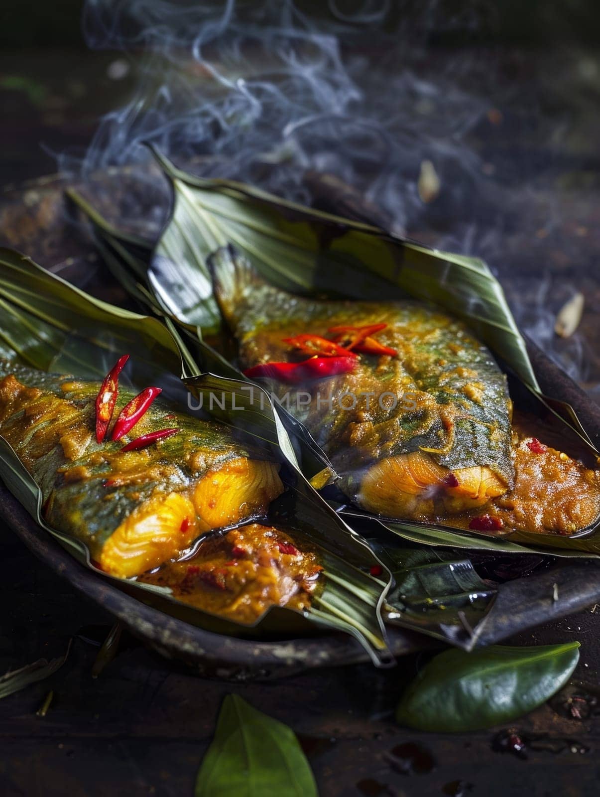 Cambodian amok, a traditional steamed fish dish wrapped in banana leaves and cooked in a fragrant curry paste and coconut milk. This ethnic specialty showcases the unique flavors. by sfinks