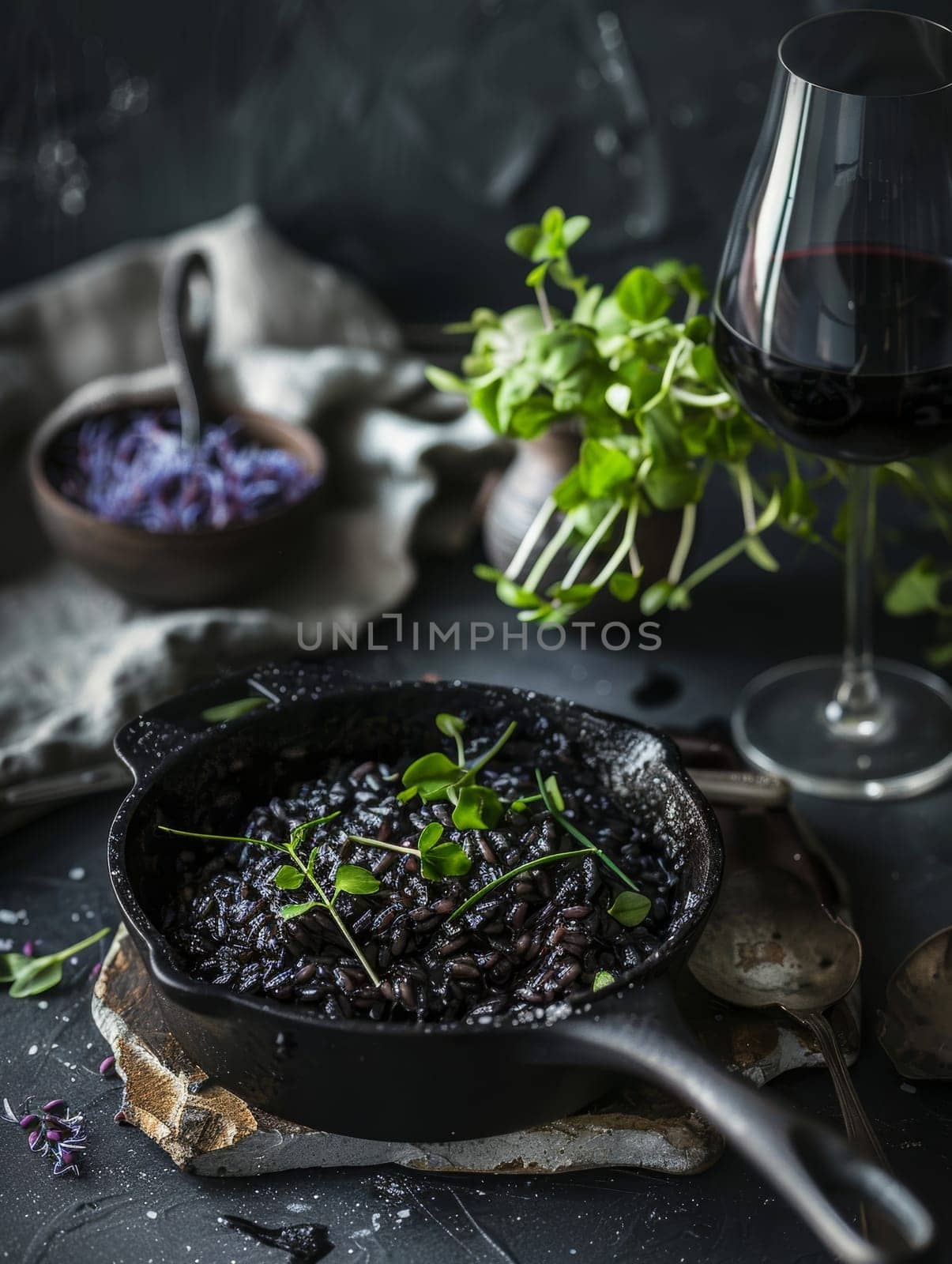 Croatian crni rizot, a traditional black risotto made with squid ink, served in a skillet. This distinctive ethnic dish showcases the unique flavors and cooking traditions of Croatian cuisine