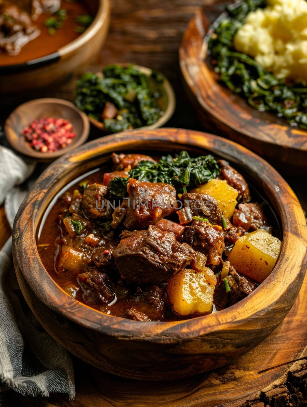Zimbabwean sadza, a traditional cornmeal porridge, served in a wooden bowl with a side of greens and meat stew. This ethnic comfort food showcases the staple ingredients and homestyle cooking. by sfinks