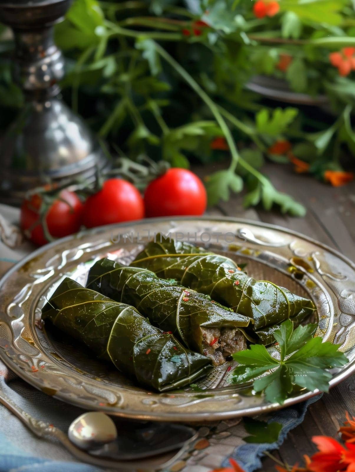 Traditional Armenian dolma made with stuffed grape leaves filled with a savory mixture of minced meat, rice, and aromatic herbs. This classic Mediterranean dish is a delightful representation. by sfinks