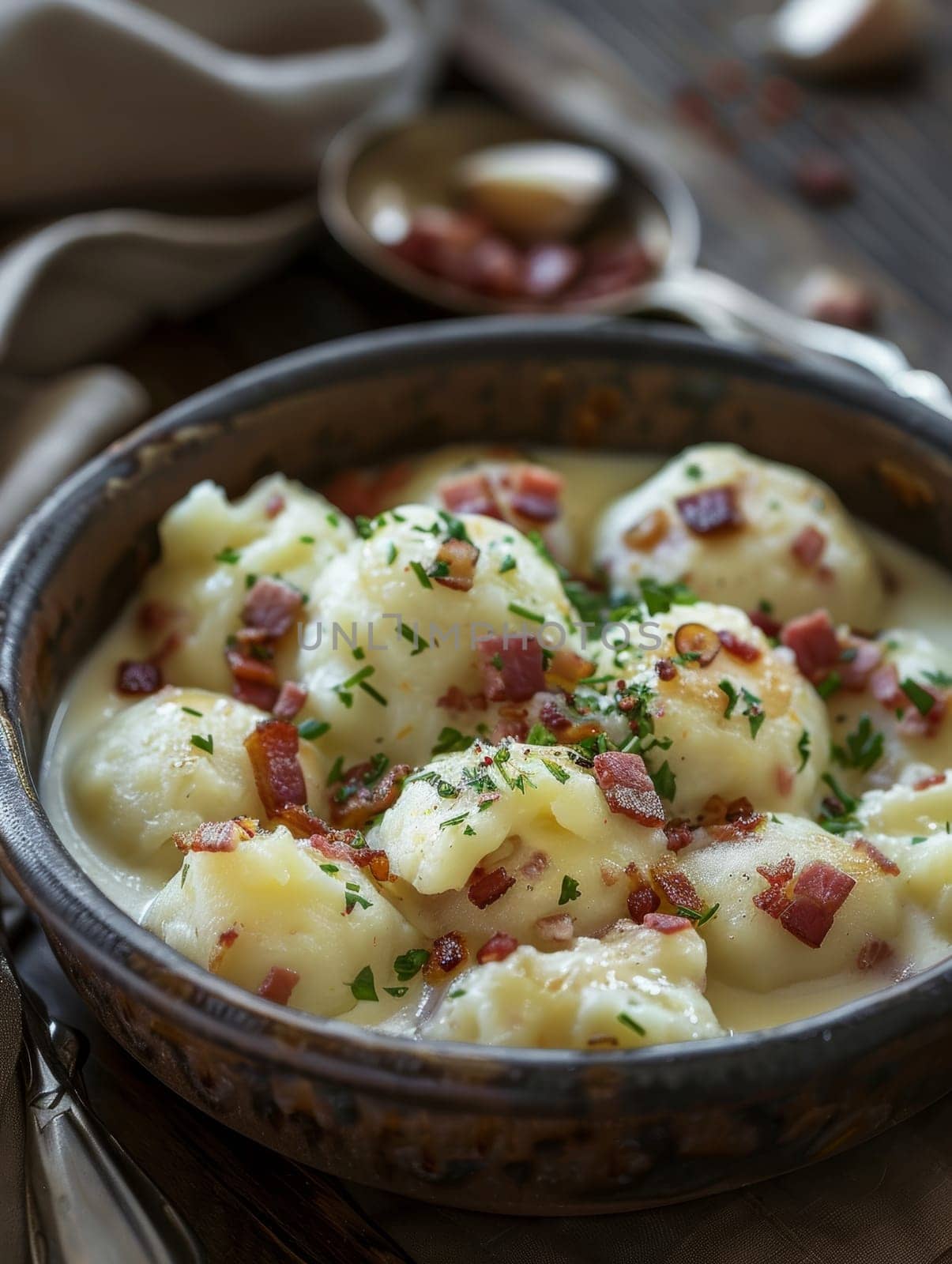 Traditional Slovakian bryndzove halusky featuring potato dumplings smothered in rich sheep's cheese and crispy bacon. This beloved comfort food dish showcases the comforting and authentic flavors. by sfinks