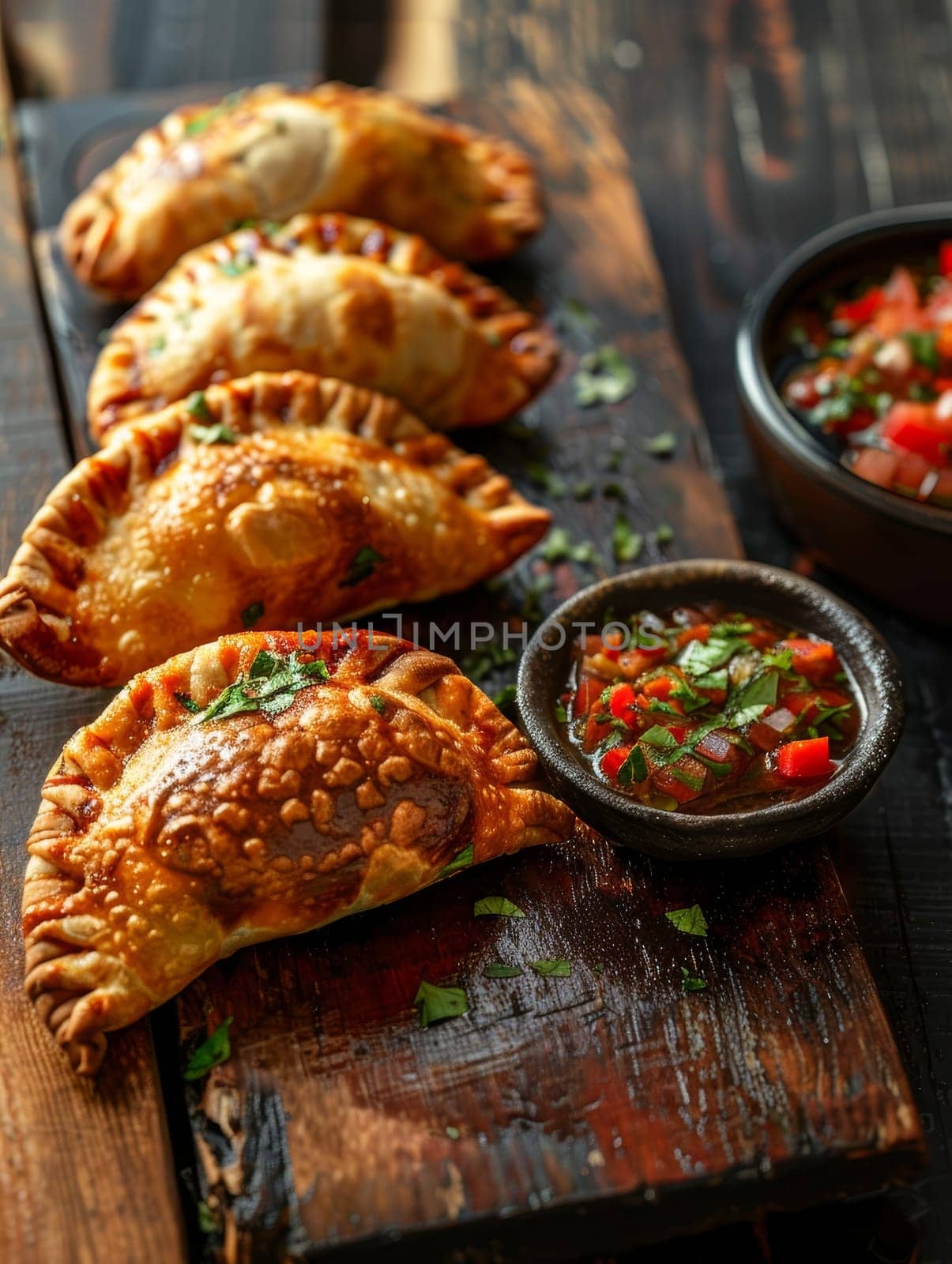 Freshly baked Chilean empanadas, savory pastries filled with a delectable mixture, served alongside a vibrant pebre sauce on a rustic wooden board. This traditional pairing showcases Chilean cuisine. by sfinks