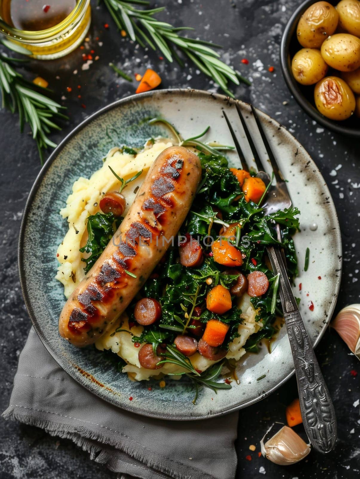 Dutch stamppot, a comforting dish of mashed potatoes mixed with kale, served with a flavorful smoked sausage. This traditional recipe showcases the heartwarming, wholesome flavors of Dutch cuisine. by sfinks