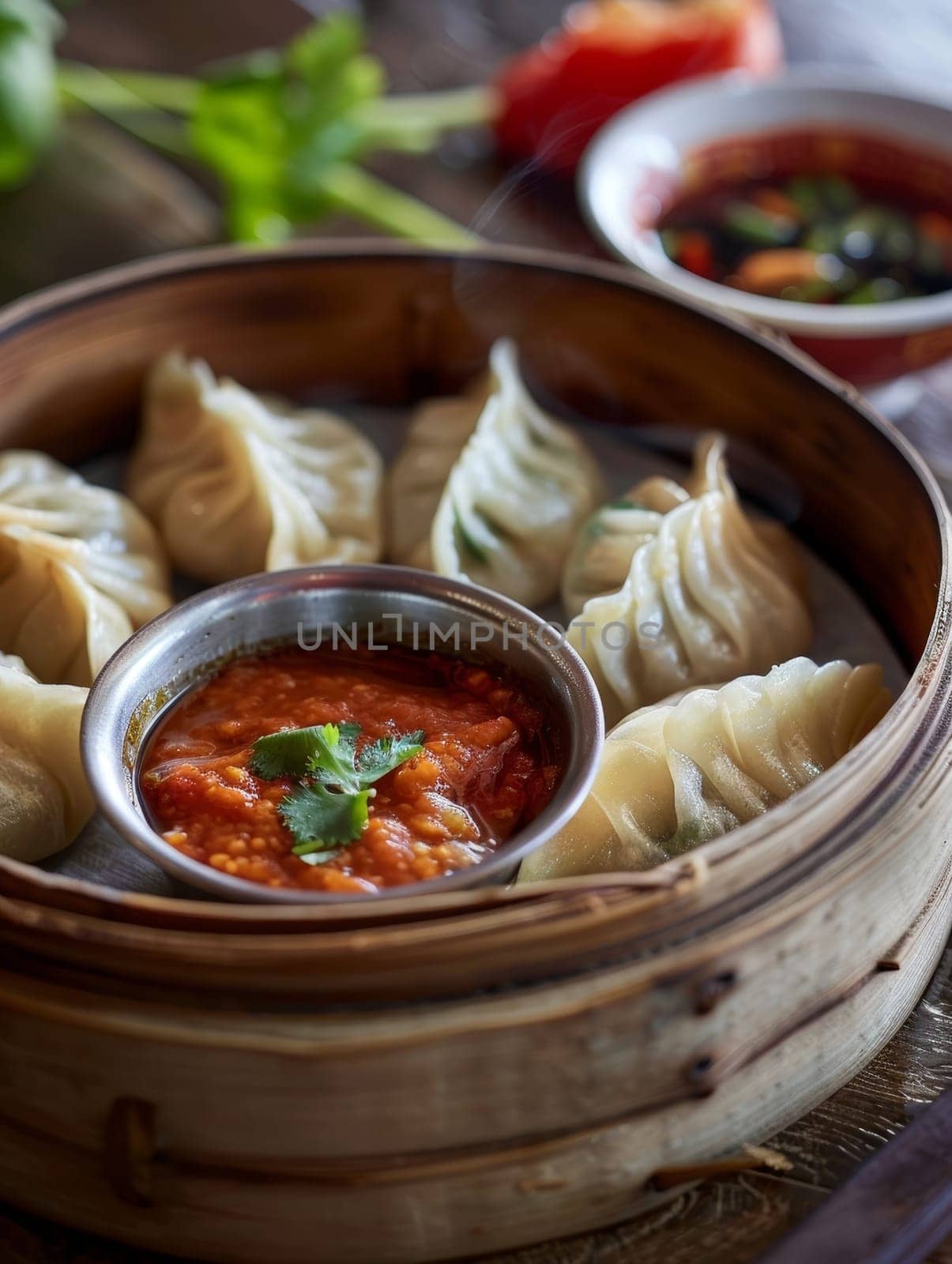 Nepalese momo dumplings, freshly steamed and served with a vibrant tomato-based dipping sauce. These savory Tibetan-inspired treats offer a delectable taste of Nepali culinary heritage