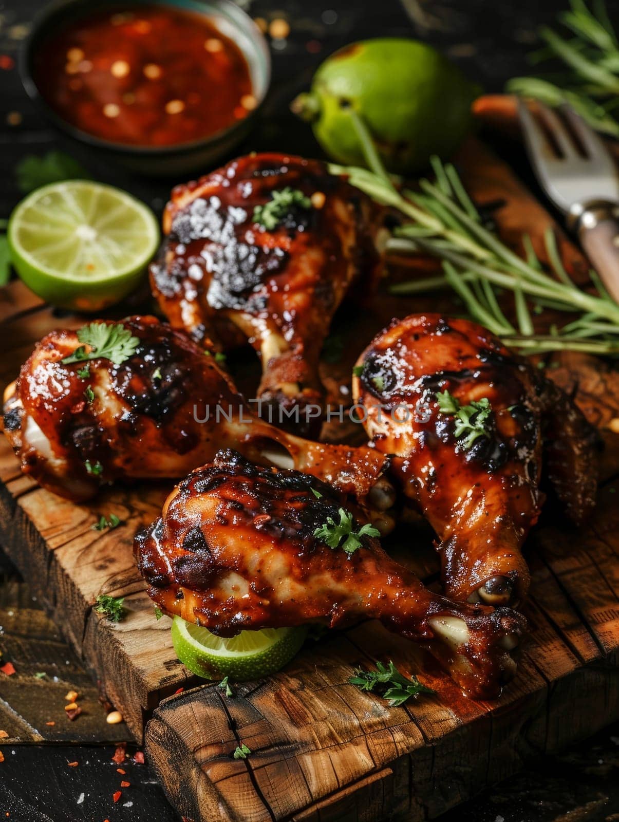 Jamaican jerk chicken, its flavors enhanced by a fiery seasoning blend, is grilled to perfection and served on a rustic wooden plank. Charred limes and a zesty sauce complete this vibrant taste