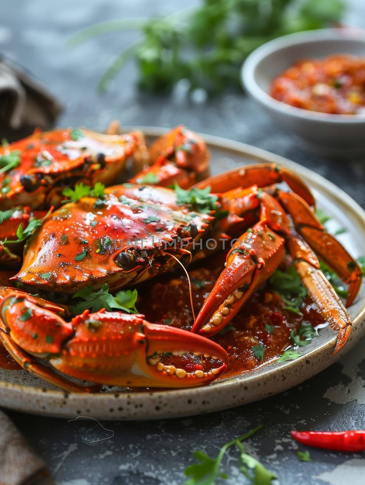 Singaporean chili crab, a beloved regional delicacy, served piping hot on a plate with a vibrant tomato-chili dipping sauce and fresh herbs. The bold tastes of Singaporean cuisine