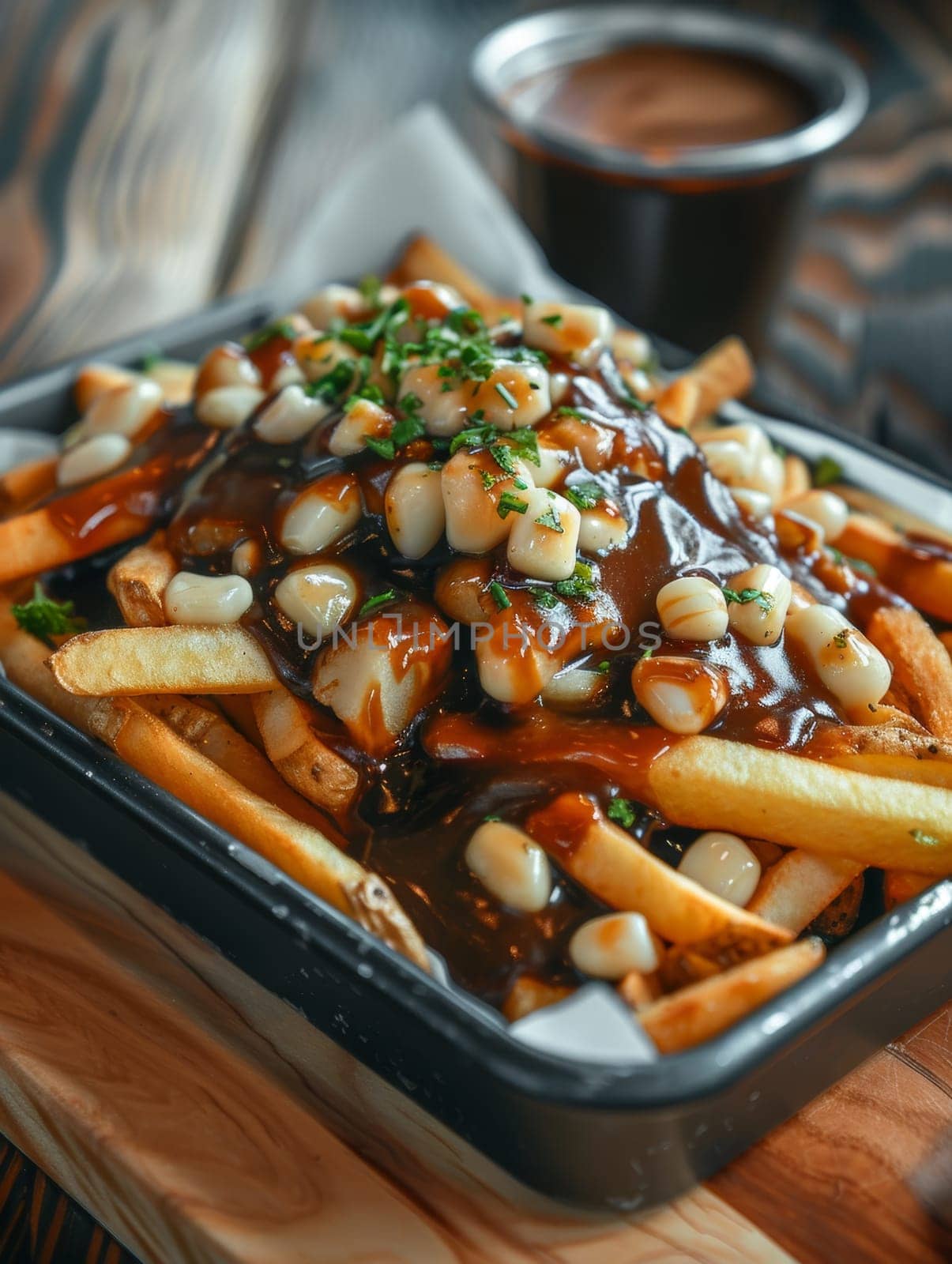 Authentic Canadian poutine with golden fries, squeaky cheese curds, and rich brown gravy served in a tray, capturing the comforting and indulgent essence of this beloved French-Canadian culinary