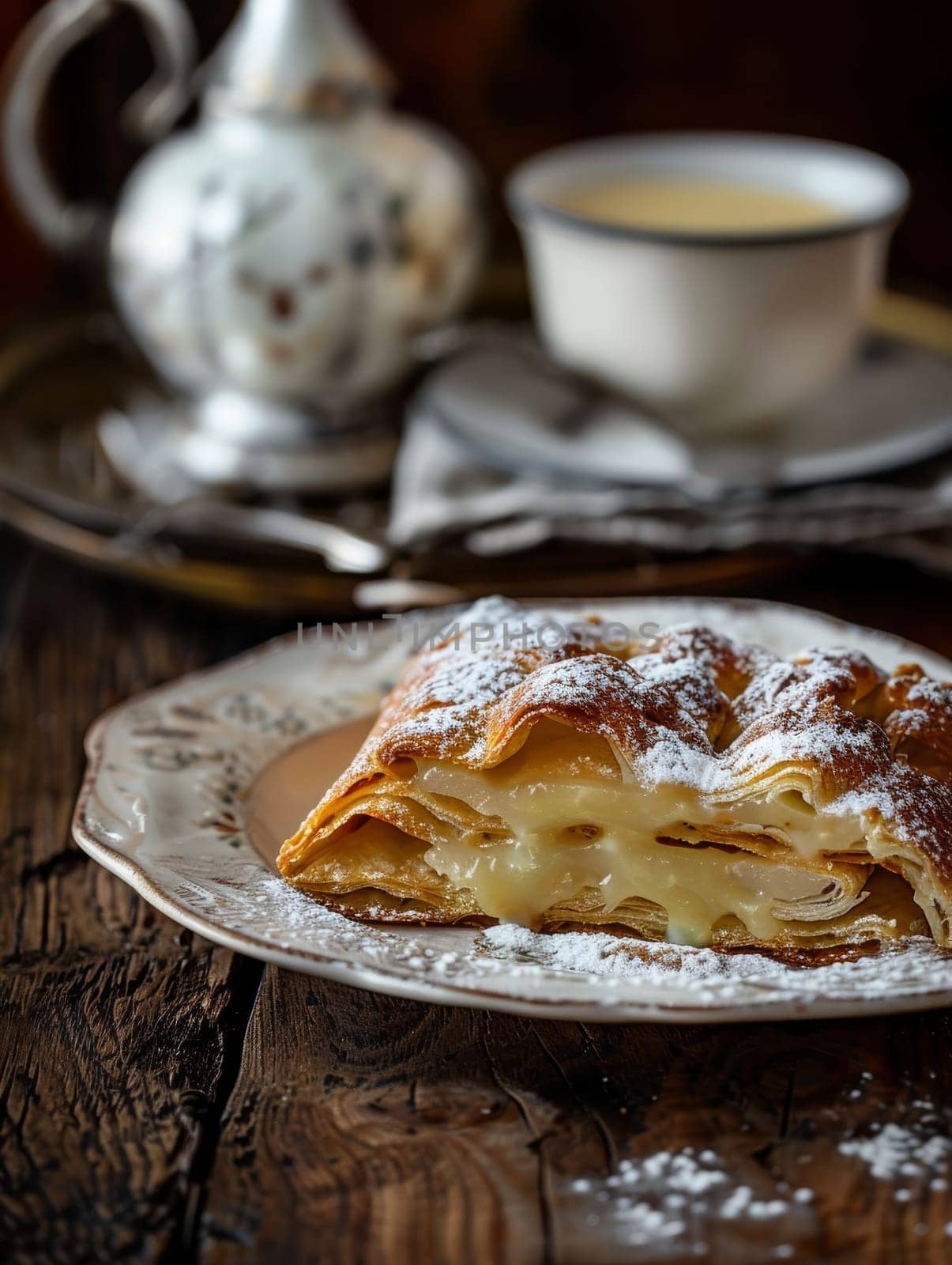 Authentic Austrian apfelstrudel, a flaky pastry filled with sweet apples, dusted with powdered sugar, and served with a side of rich vanilla sauce, captured on an antique plate