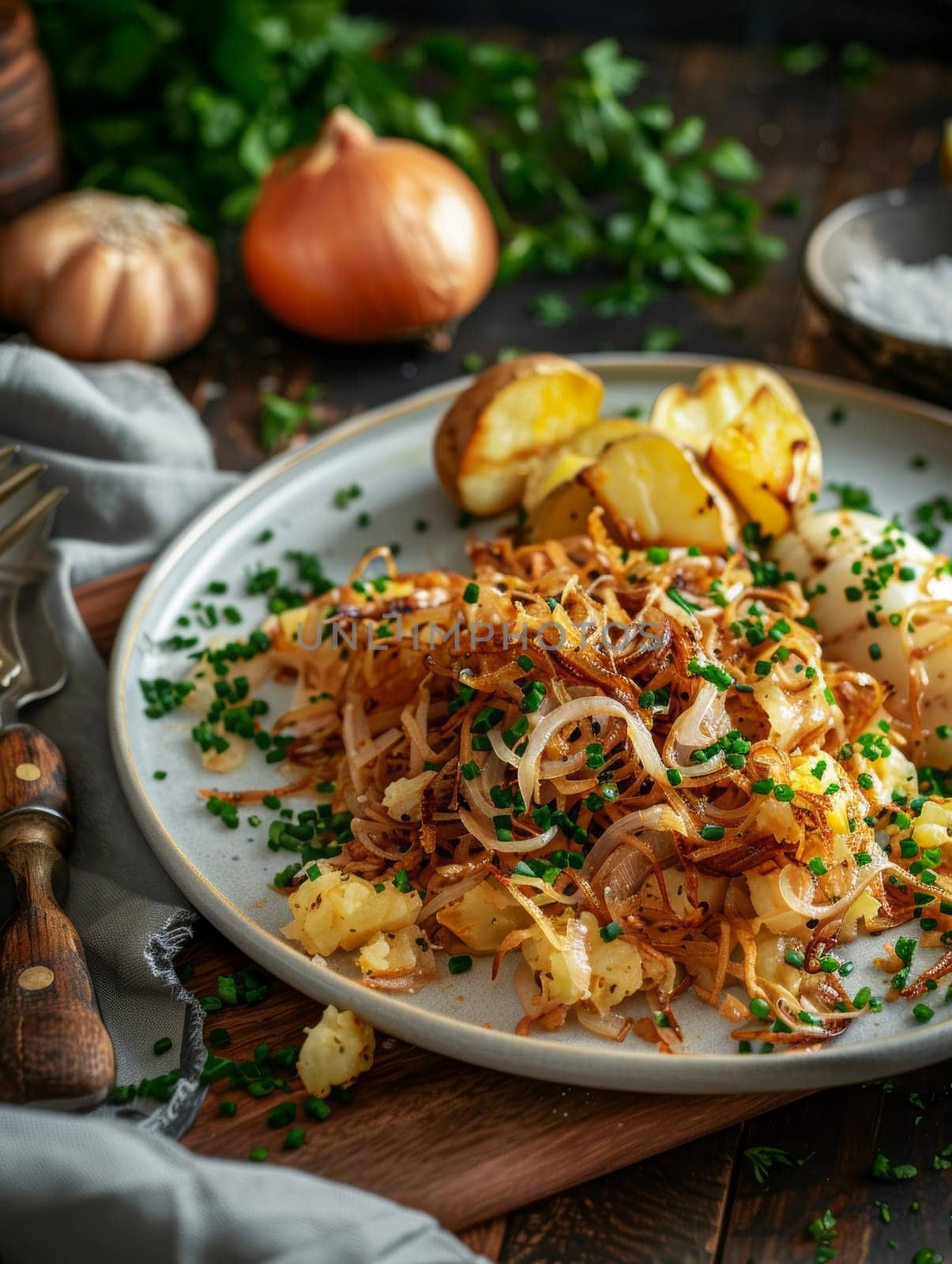 A traditional Portuguese dish of bacalhau a bras, featuring shredded salt cod, sauteed onions, and crispy fried potatoes, presented on a plate for an authentic and mouthwatering culinary display