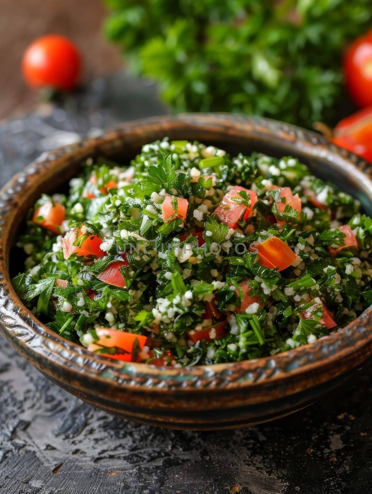 A vibrant and fresh Lebanese tabbouleh salad, featuring finely chopped parsley, ripe tomatoes, and nutty bulgur wheat, presented in a small bowl for a healthy and authentic Middle Eastern culinary. by sfinks