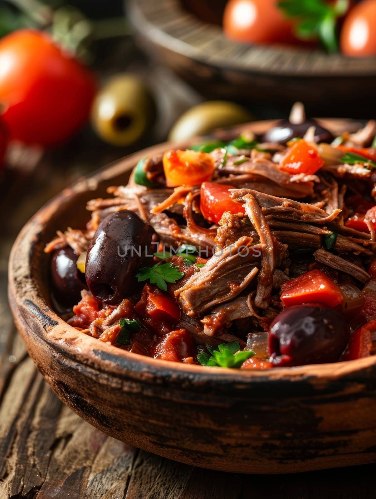 Authentic Cuban ropa vieja, a traditional shredded beef dish simmered with tomatoes, olives, and fragrant spices. Comforting Latin American staple is a delicious representation of Cuban culinary. by sfinks