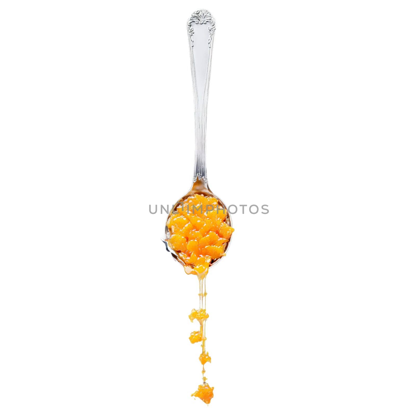 Orange marmalade spread bright and zesty dripping from a tilted spoon with orange peel bits by panophotograph