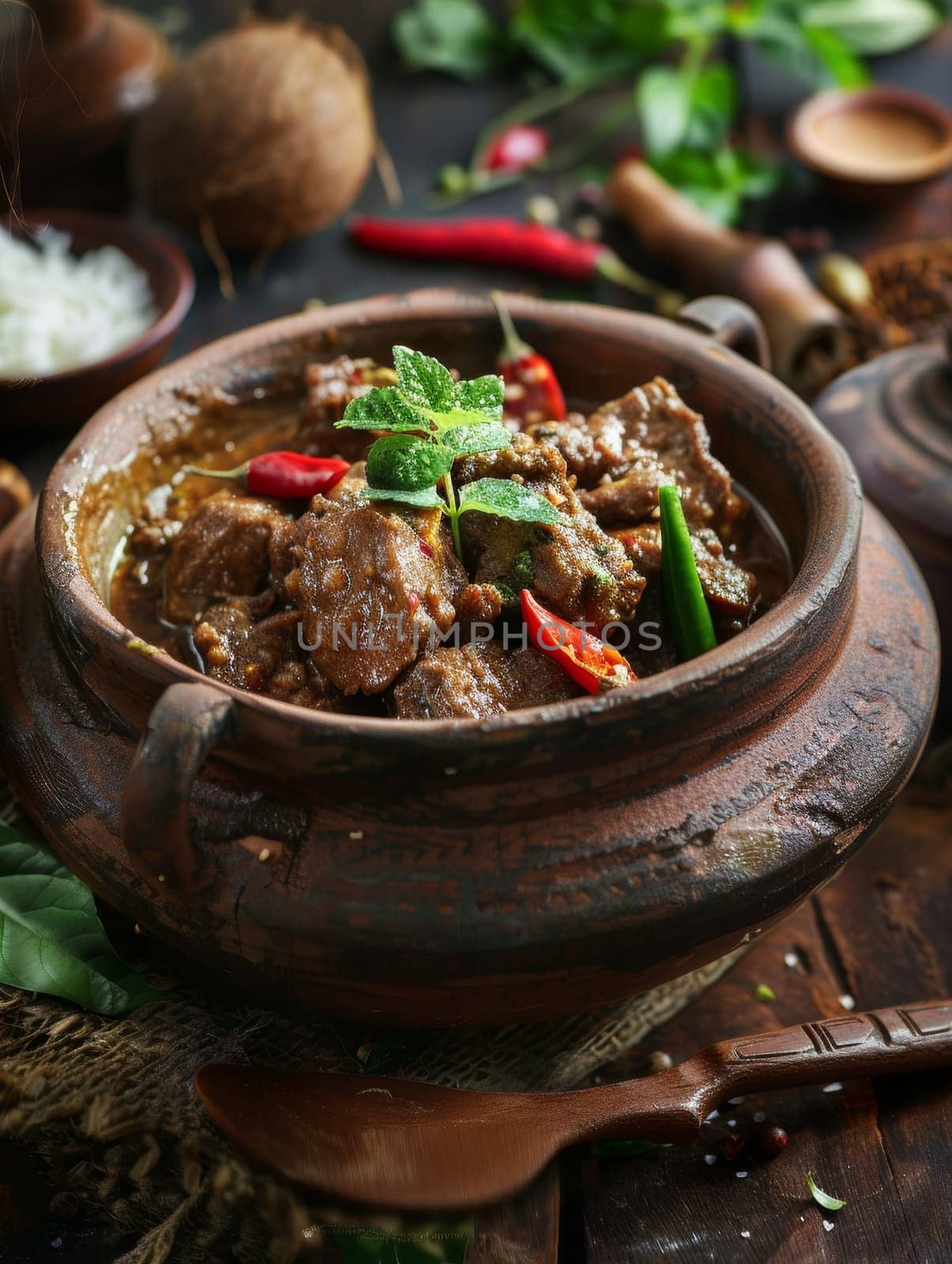 Authentic Indonesian rendang, a slow-cooked beef dish simmered in a rich coconut milk and spice-infused curry. This fragrant, tender, and flavorful Southeast Asian staple represents vibrant culinary. by sfinks