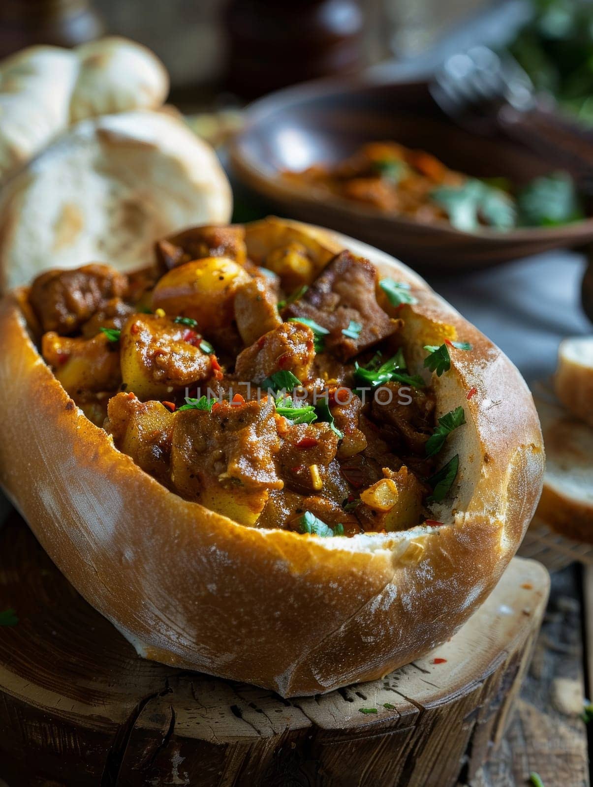 South African bunny chow, a hollowed-out bread loaf filled with a spicy, fragrant meat curry. Iconic street food dish represents the vibrant culinary heritage and comfort food traditions of Africa. by sfinks