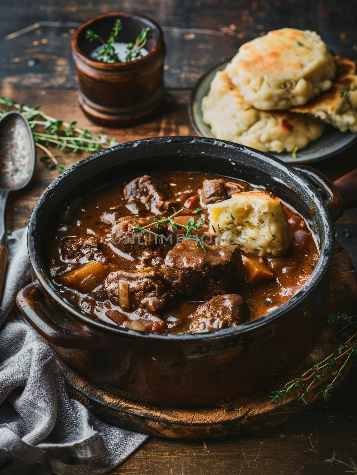 Hungarian goulash, a hearty beef stew simmered in a rich paprika-infused broth, served with fluffy dumplings in a rustic, authentic presentation. Dish represents the traditional of Hungarian cuisine