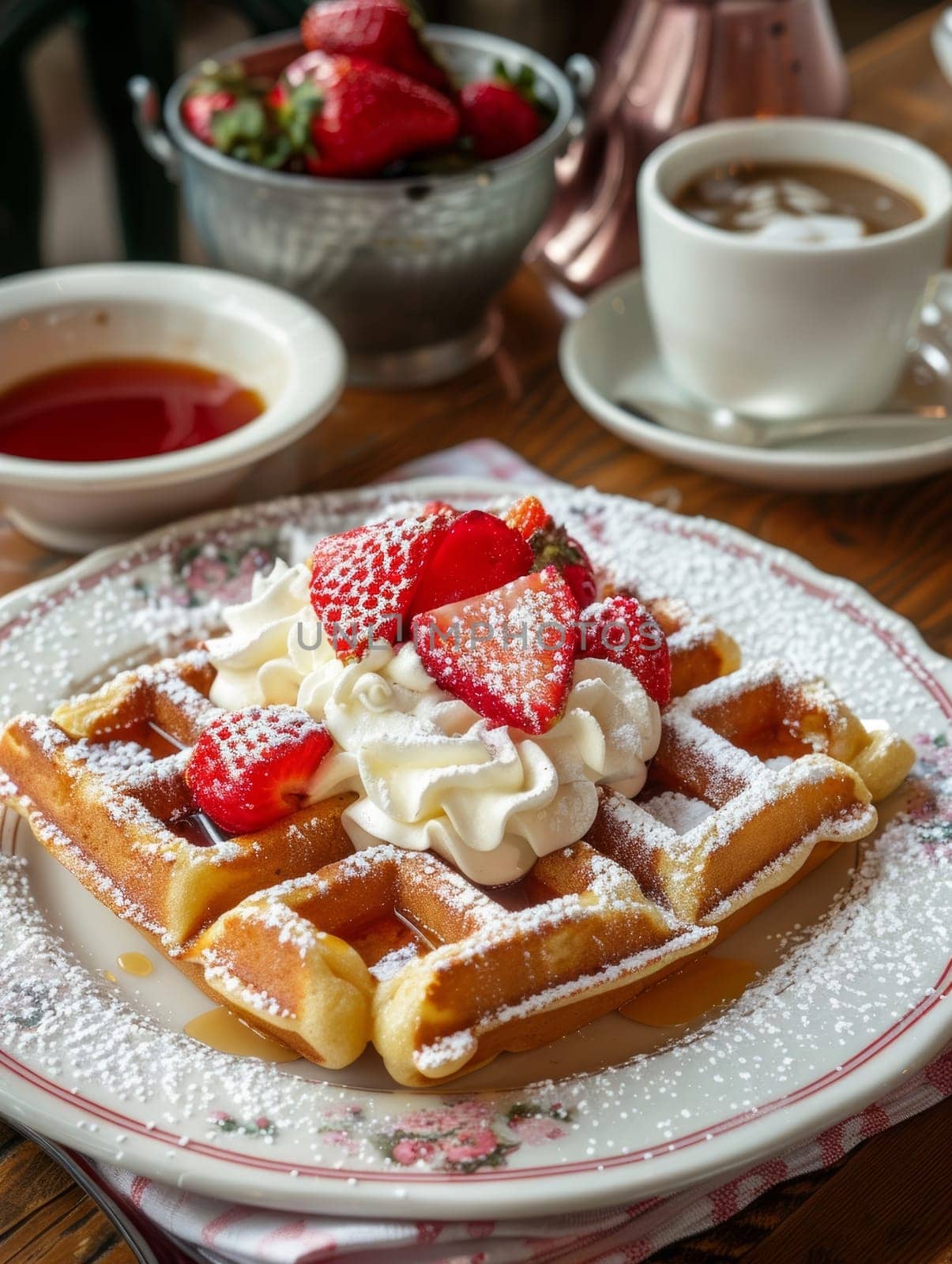 Delicate Belgian waffles served on a fine china plate, adorned with fresh strawberries and a generous dollop of whipped cream - a decadent and gourmet breakfast or dessert presentation. by sfinks