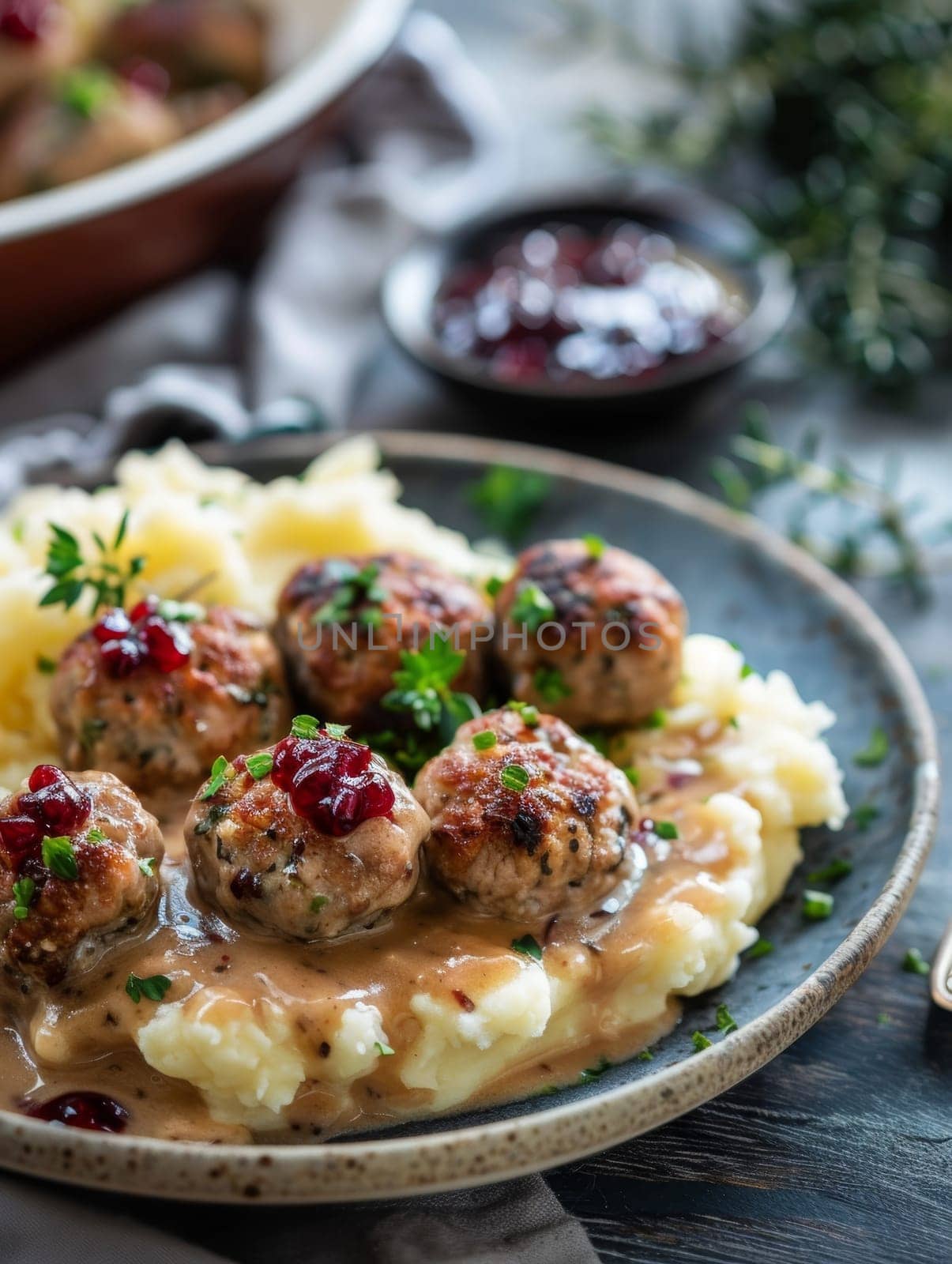 Authentic Swedish meatballs served on a plate with a creamy gravy, accompanied by tangy lingonberry jam and fluffy mashed potatoes - a comforting, traditional dish of Swedish cuisine