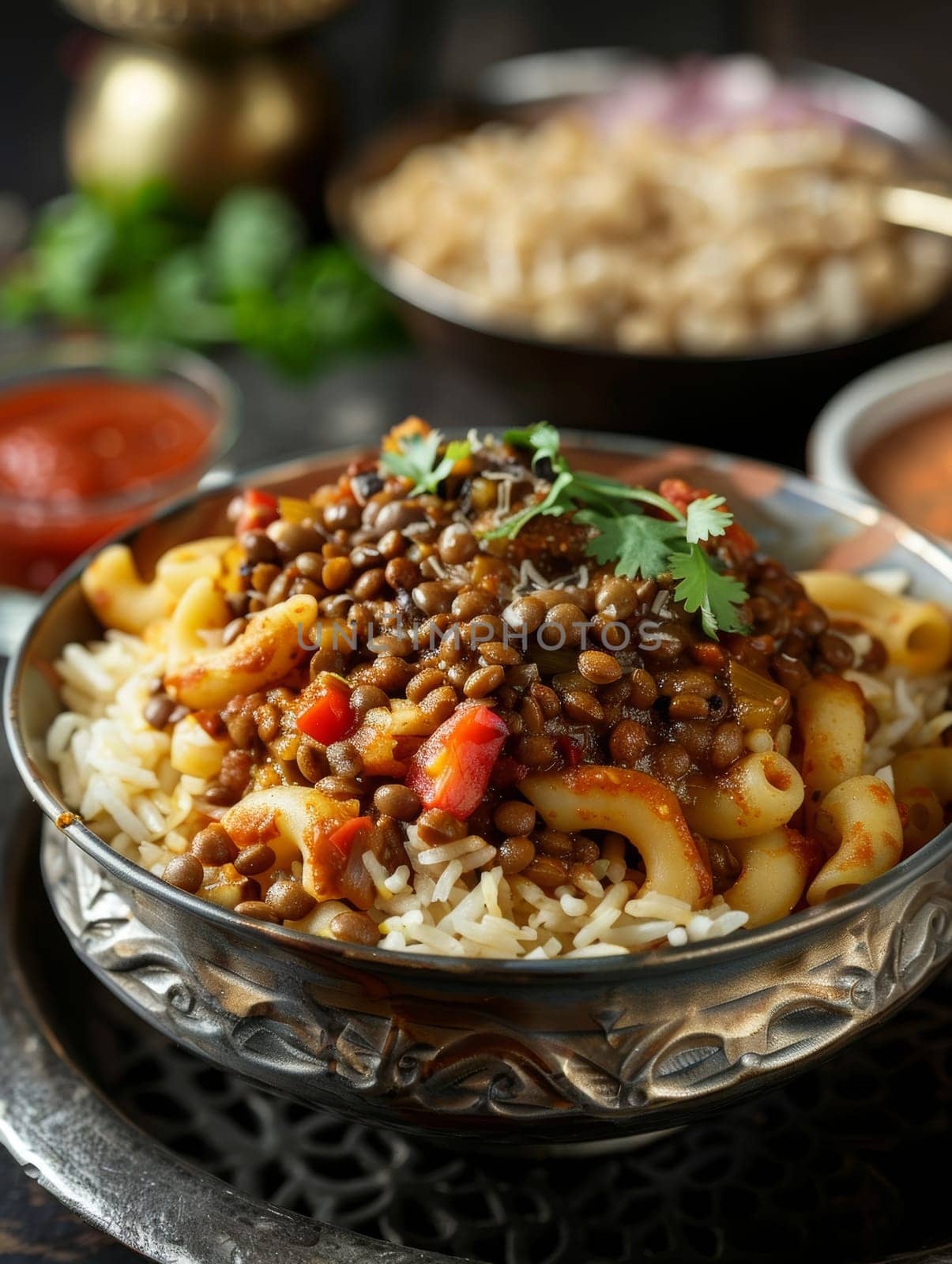 Authentic Egyptian koshari, a hearty, layered dish made with rice, macaroni, lentils, and topped with a spicy tomato sauce - a comforting, vegetarian and vegan friendly staple of Egyptian cuisine. by sfinks