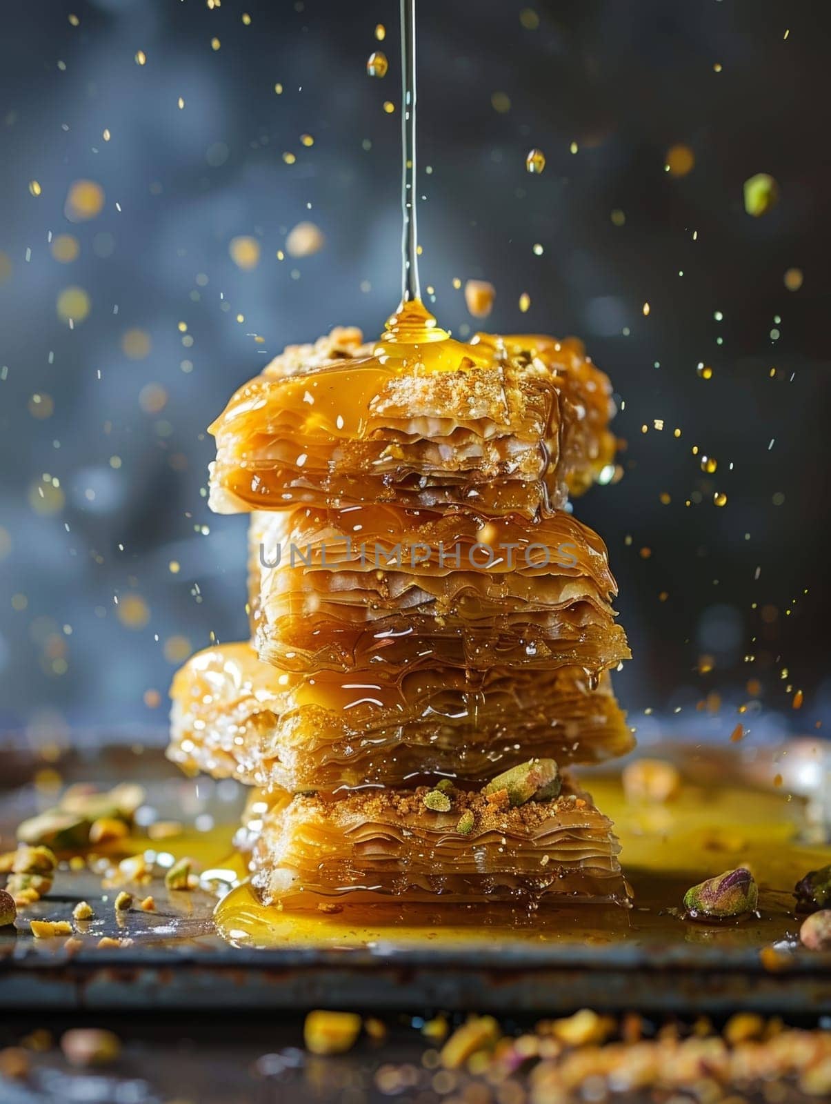 Towering Turkish baklava, with its delicate phyllo dough layers, drizzled in sweet honey and sprinkled with crunchy crushed pistachios - a decadent and authentic Middle Eastern dessert. by sfinks