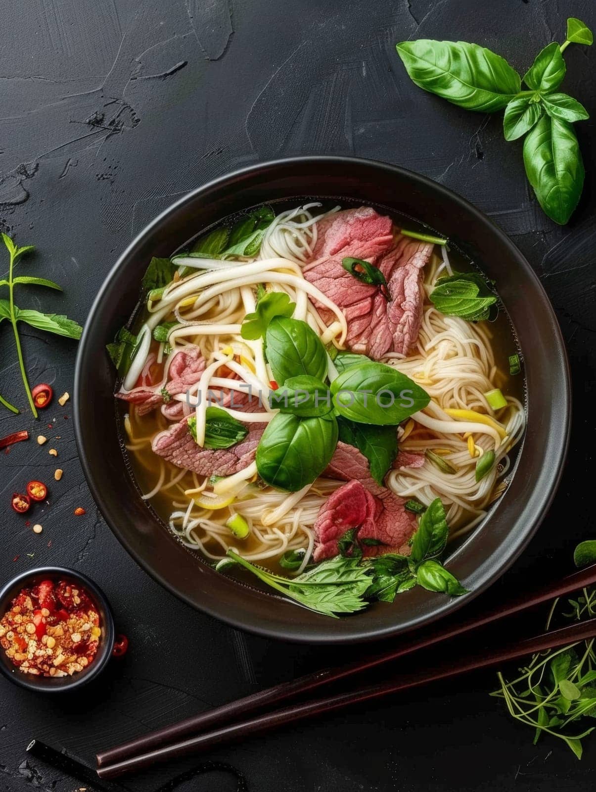Aromatic Vietnamese pho, a steaming bowl brimming with rice noodles, thinly sliced beef, and a variety of fresh herbs - a comforting and flavor-packed representation of traditional Vietnamese cuisine