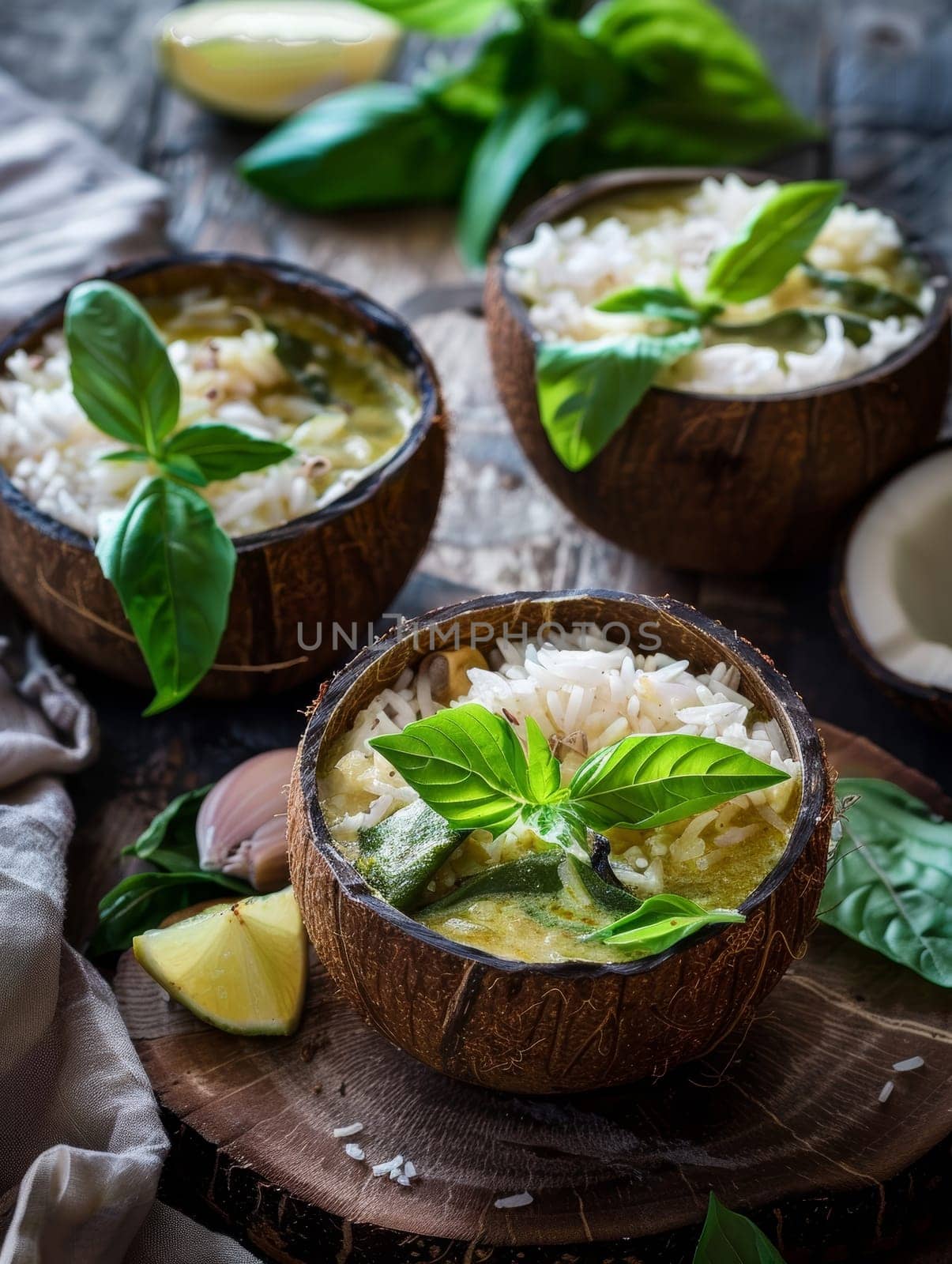 Authentic Thai green curry, served in a hollowed-out coconut shell alongside fluffy jasmine rice and fresh basil leaves - a fragrant, spicy, and creamy representation of traditional Thai culinary