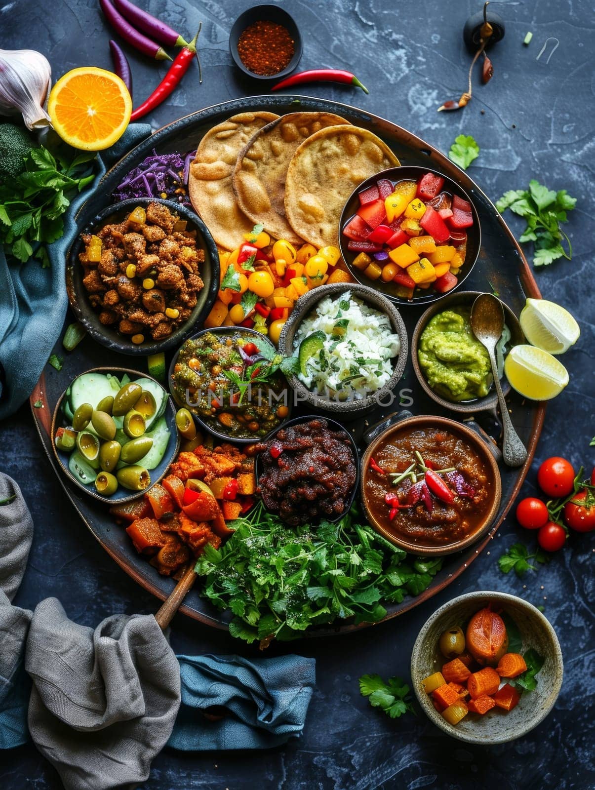 A traditional Ethiopian injera platter featuring a variety of spicy stews and vibrant vegetable side dishes. This authentic, homemade spread showcases the rich and flavorful cuisine of Ethiopia. by sfinks