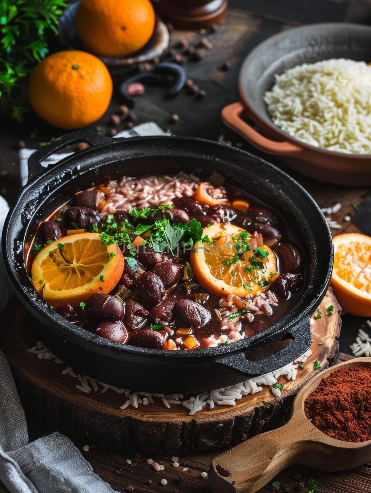 Authentic Brazilian feijoada, a traditional stew made with a variety of meats and beans, served in a cast-iron pot and accompanied by fragrant rice, refreshing oranges, and crunchy texture of farofa. by sfinks