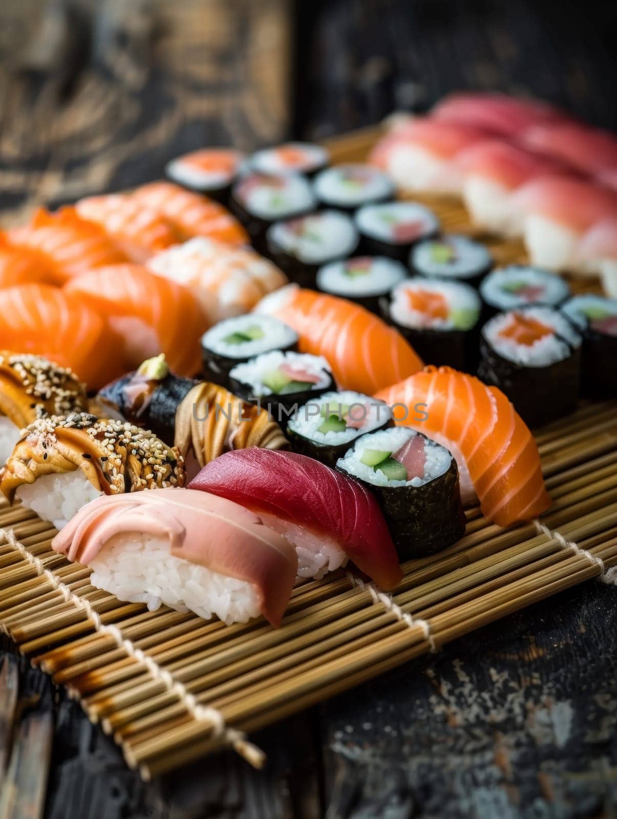 A beautifully arranged Japanese sushi platter featuring an assortment of fresh nigiri and sashimi, elegantly presented on a bamboo mat and showcasing authentic flavors of traditional Japanese cuisine. by sfinks