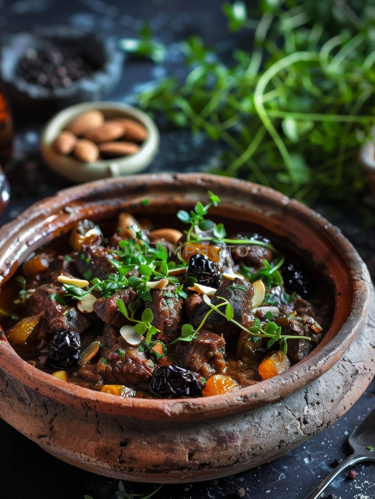 A traditional Moroccan tagine stew featuring tender lamb, sweet prunes, and crunchy almonds, slow-cooked to perfection in an authentic earthenware pot and garnished with fresh, fragrant herbs. by sfinks