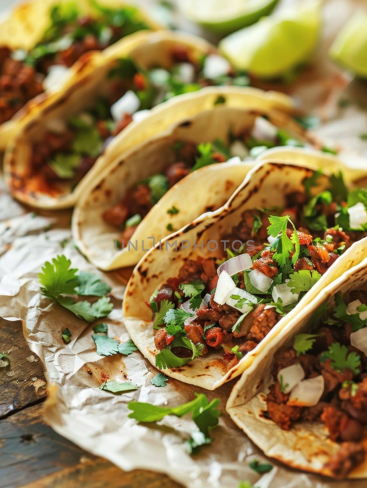 A vibrant display of authentic Mexican tacos, featuring a variety of fillings wrapped in soft corn tortillas and topped with fresh cilantro, onions, and tangy lime slices. by sfinks
