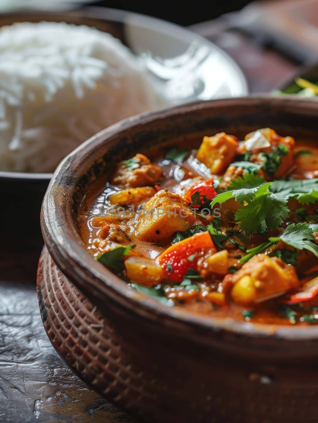 A close-up of a spicy and fragrant Indian curry, simmered to perfection in a traditional clay pot and served alongside fluffy basmati rice, showcasing the bold flavors and authentic of Indian cuisine